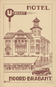 712817 Voorzijde van de brochure uitgegeven door Hotel Noord-Brabant, Vredenburg 3 te Utrecht, met een korte ...